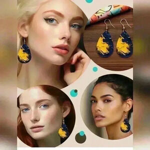 Yellow and navy blue abstract oil painting printed tear drop pendant earrings